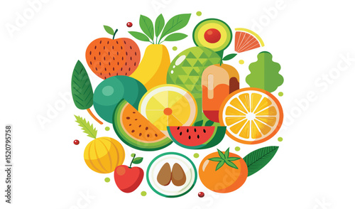 Colorful flat lay of fresh fruits and vitamins