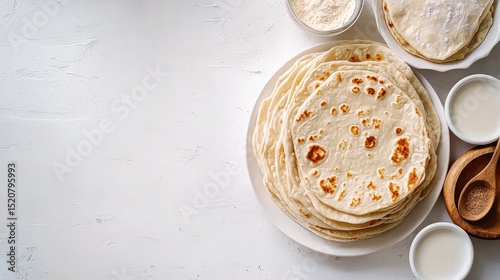 Freshly Made Flatbreads on a White Wooden Table Surface