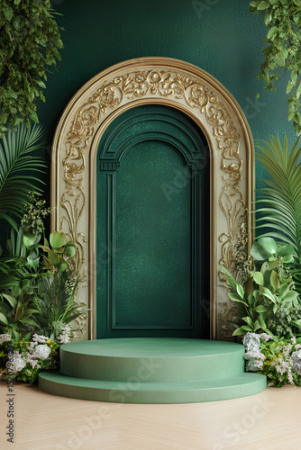 3D green podium with gold decoration, plants, and flowers on the background,