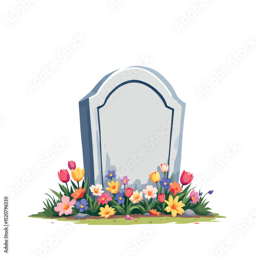 Vsai blank tombstone decorated with colorful flowers symbolizing remembrance
