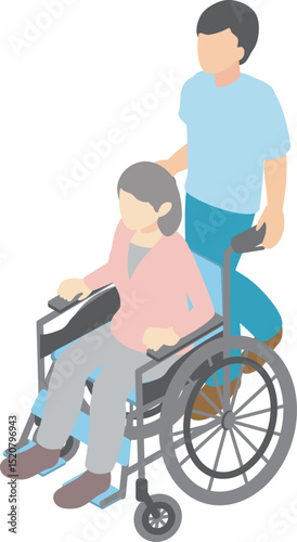 アイソメトリック　俯瞰　人物　男性　女性　車椅子　介護　福祉　介護士　福祉　メディカル　イラスト