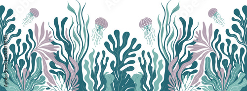Colorful undersea scene featuring jellyfish and abstract seaweed decorations on white background.