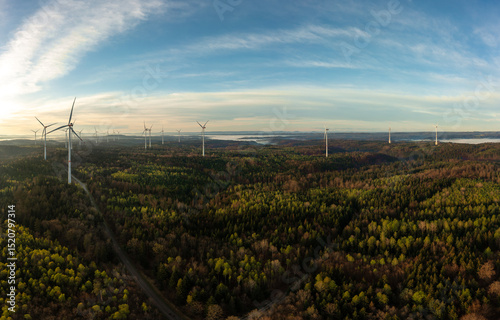Wind turbine farm inside a forest, drone aerial view at sunrise