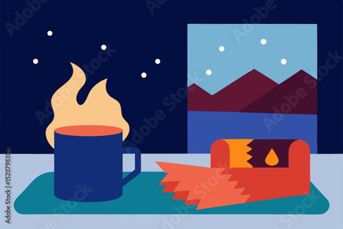 blanket and mug by fireplace with snowy view  .svg
