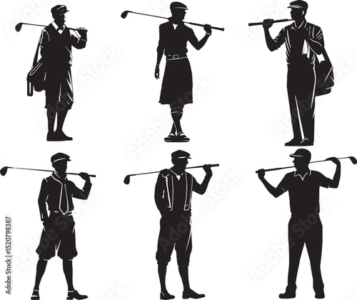 A versatile set of 6 golfer silhouettes in various standing poses, including players with bags and clubs. Ideal for SVG bundles, logo packs, and sports-themed prints.