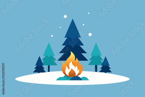 campfire surrounded by pine trees covered in snow .svg