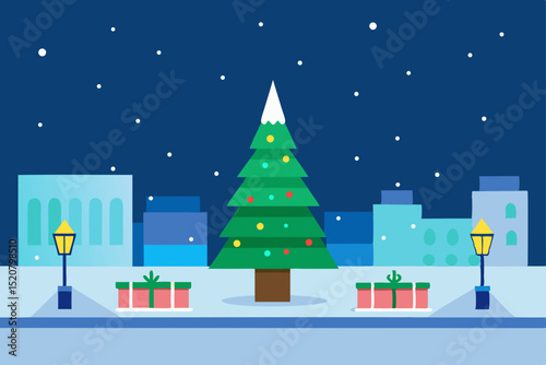 city plaza with lit christmas tree and snowfall  .svg