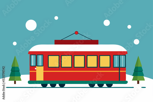 classic tram on snow covered street with holiday d.svg