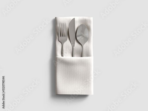 White Blank Napkin Mockup with Cutlery Set in Flay Lay Setting