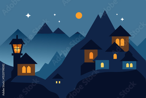 cozy mountaintop village lit by lanterns   .svg
