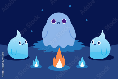 ice creatures sitting silently around magical fire.svg