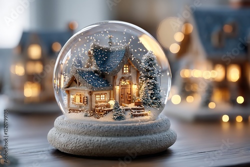 A snow globe depicting a cozy winter atmosphere with a Lapki house and sparkling stars creating a mystical atmosphere against a snowy background. Generative Ai photo