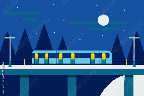 light rail train crossing bridge in snowy urban 