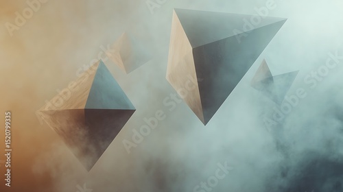 Geometric pyramids suspended in a smoky atmosphere.