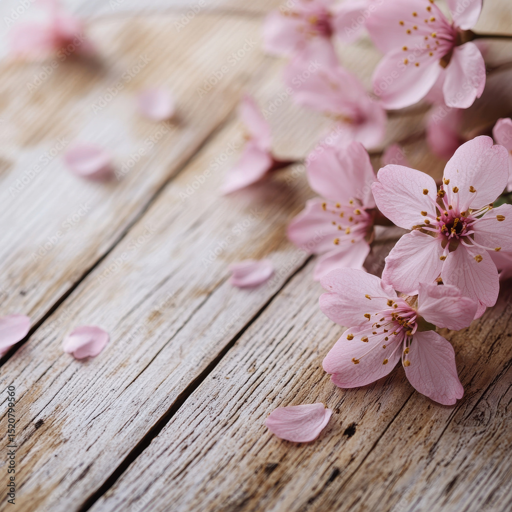 Fototapeta premium Delicate pink cherry blossoms scattered on rustic wooden planks create serene and natural atmosphere. soft petals contrast beautifully with textured wood, evoking sense of tranquility