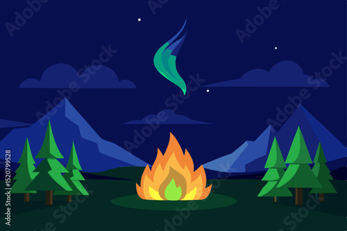 northern lights dancing above fantasy campfire sce.svg