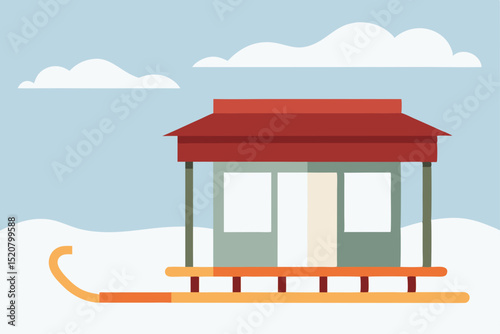 old fashioned sled propped by snowy porch  .svg