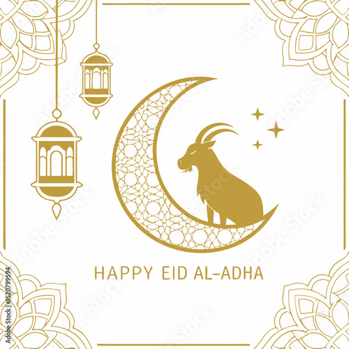 Eid al-Adha Mubarak Golden Crescent Moon, Goat, and Lanterns