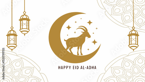 Eid al-Adha Celebration Golden Goat Silhouette on Crescent Moon with Lanterns