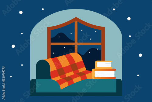 reading nook with plaid blanket and snow falling o.svg