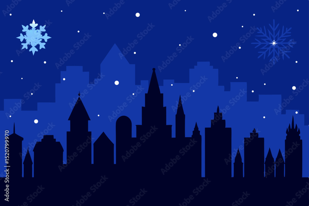 Fototapeta premium silhouetted skyline in deep blue with glowing snow.svg