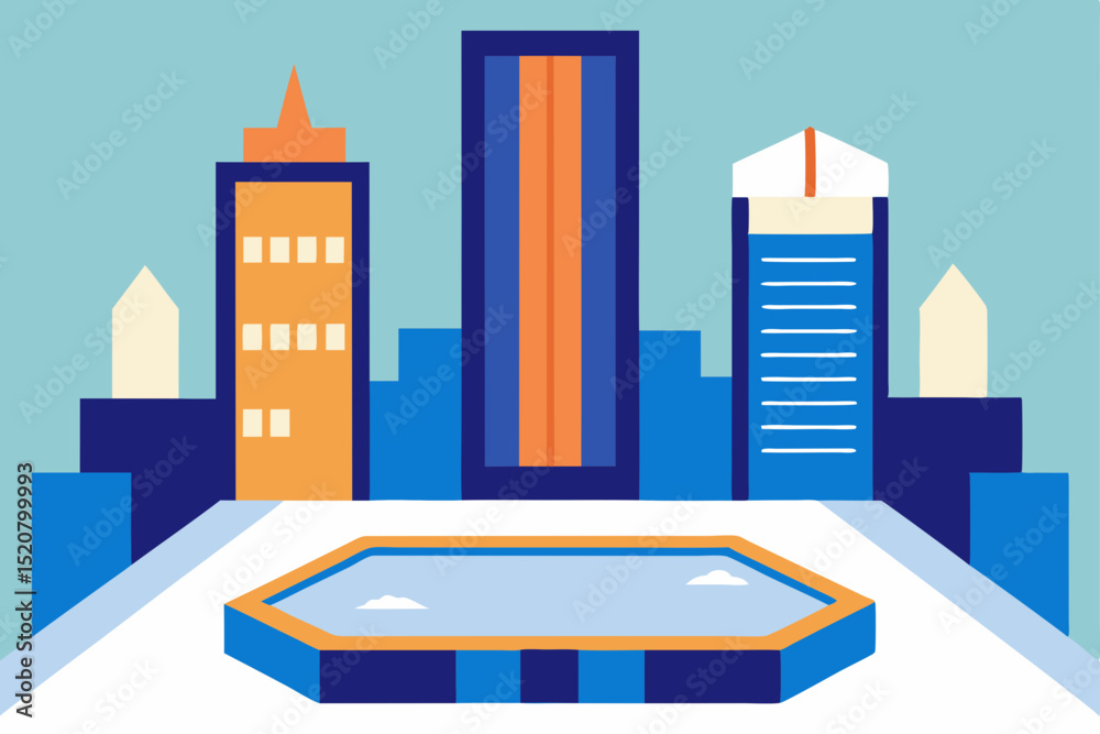 skating rink surrounded by tall office buildings  .svg