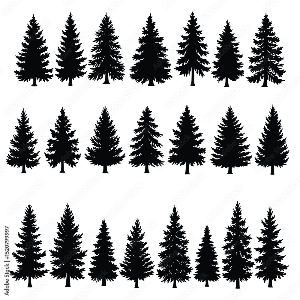 Pine Tree Silhouette Vector Set Featuring Natural Forest Elements. Pine Tree Silhouette Vector Set Featuring Natural Forest Elements.