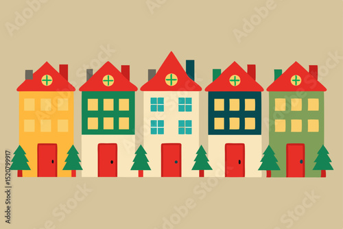 row of townhouses with holiday wreaths  .svg