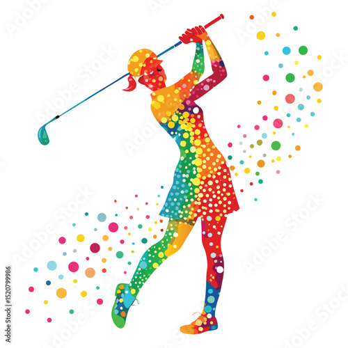 Abstract Golfer Illustration Colorful Polka Dot Design of Female Golf Player Silhouette