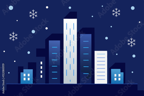 snowflakes drifting past tall office buildings 