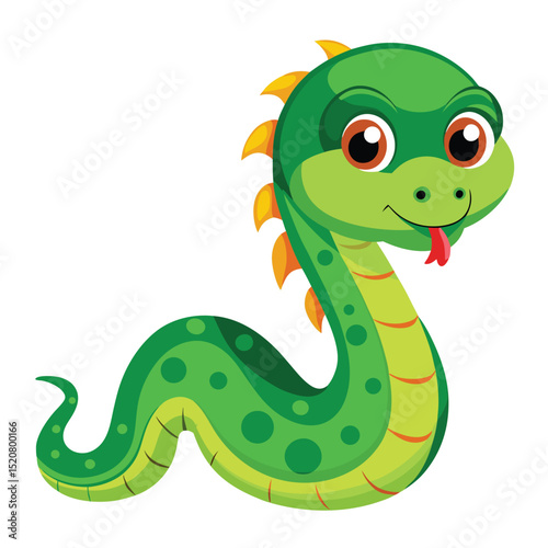Adorable Green Cartoon Snake with Orange Spikes, Tongue Out Isolated on White Background