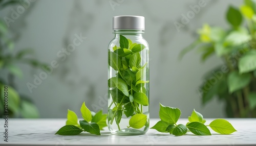Fresh green leaves in a clear, reusable water bottle