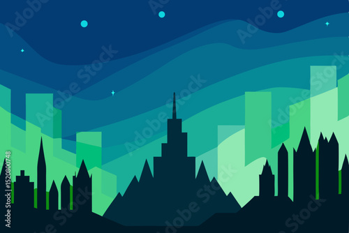 vector skyline with aurora borealis in background .svg