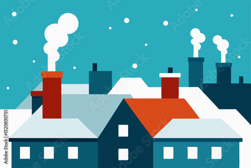 urban rooftops with layer of snow and chimney smok.svg