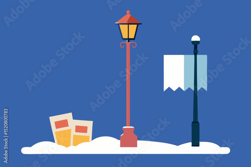 vintage streetlamp and newspaper stand in the snow.svg