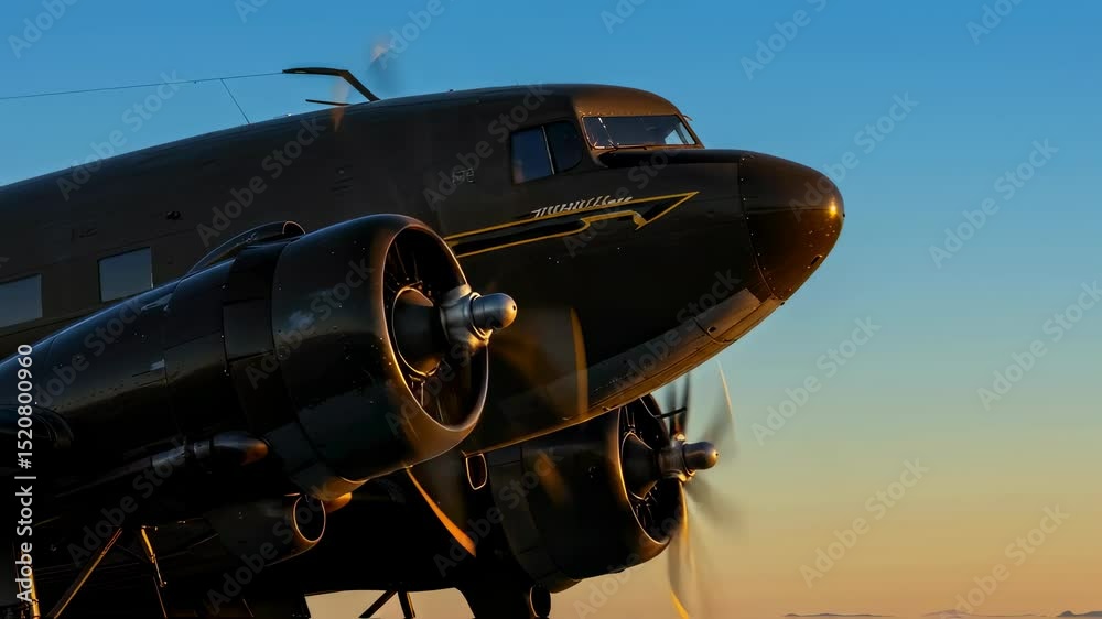 Vintage military aircraft with rotating propeller shows engineering. Historical airplane standing on airfield. Old technology footage.