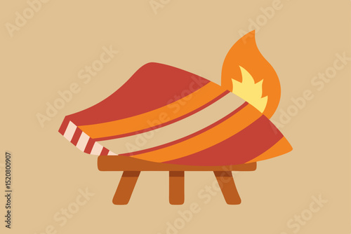 wool blanket draped over log seat near fire  .svg