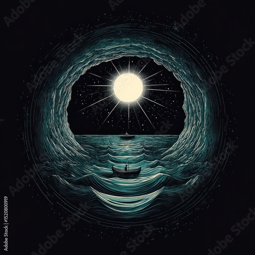 A solitary boatman navigates a cosmic ocean under a radiant moon.