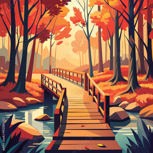 Autumnal wooden bridge over a stream.
