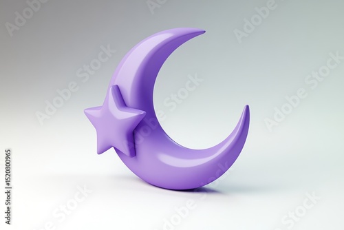 A 3D rendered image of a light purple crescent moon with a smaller star affixed to its side, set against a neutral background