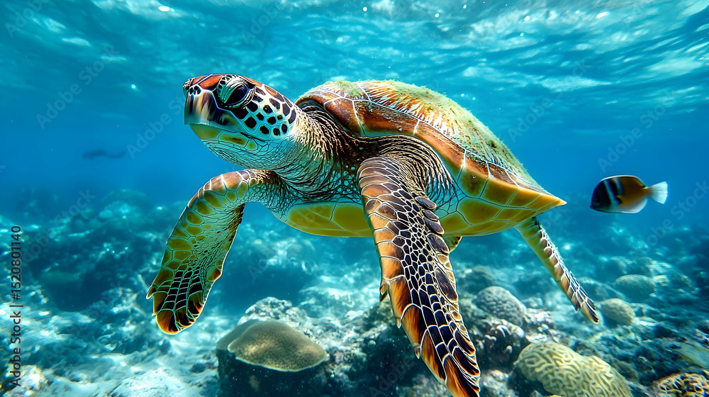 Obraz premium A sea turtle swims in the clear, vibrant ocean.