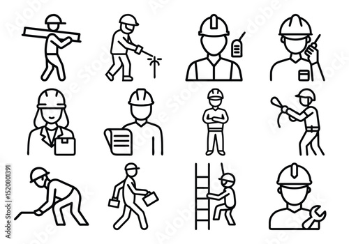 Construction and Industrial Workers Wearing Helmets and  Line Icons Set