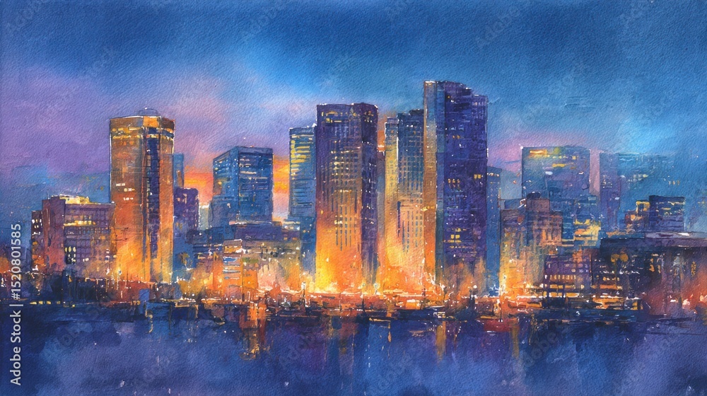 Fototapeta premium Cityscape evening watercolor art