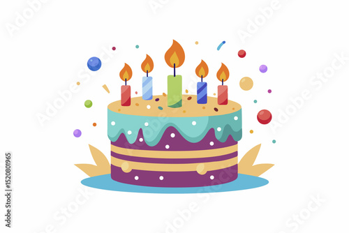 Colorful Birthday Cake with Candles and Confetti Illustration on White Background for Celebrations and Festive Occasions Design Element