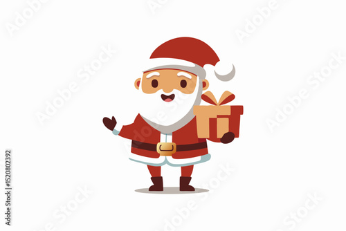 Cartoon Santa Claus with Gift Box Waving Hand on White Background for Christmas and Holiday Season Greetings and Celebrations