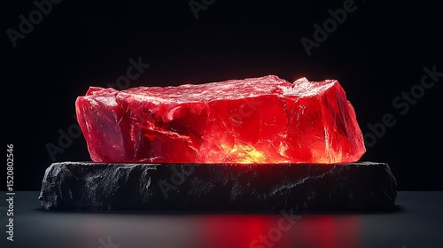 Glowing red gemstone on a dark stone surface.