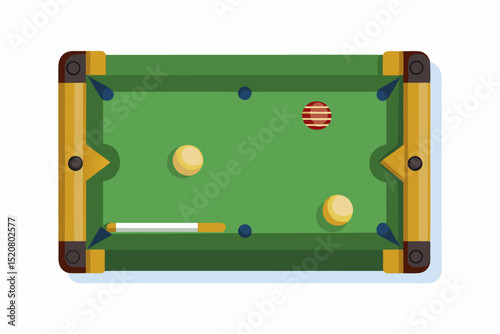 Overhead View of a Billiards Table with Balls and Cue Stick in a Flat Vector Style Illustration