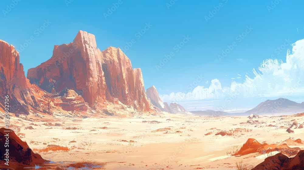 Naklejka premium Vast desert landscape with towering sandstone formations under a clear sky.