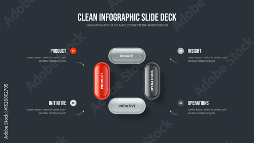 Consulting Innovation 4 Step Diagram Slide Design. Product Analysis Four Element Infographic Presentation Layout. Sales Showcase Frame Template Vector Illustration.