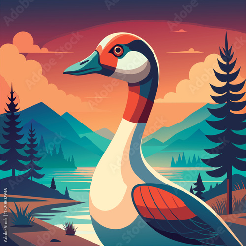 Colorful goose by a serene lake.